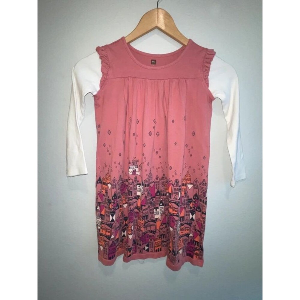 Tea Collection Girls Dress Size 7 Pink Whimsical House Castle Graphic Trapeze